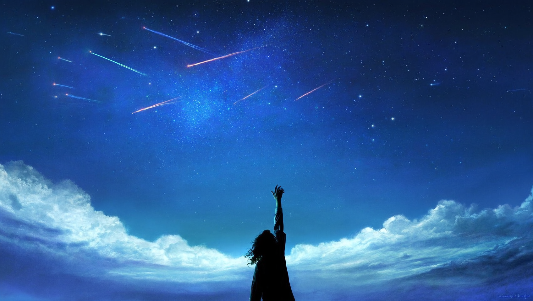 A person reaching towards a bright, starry sky, fi