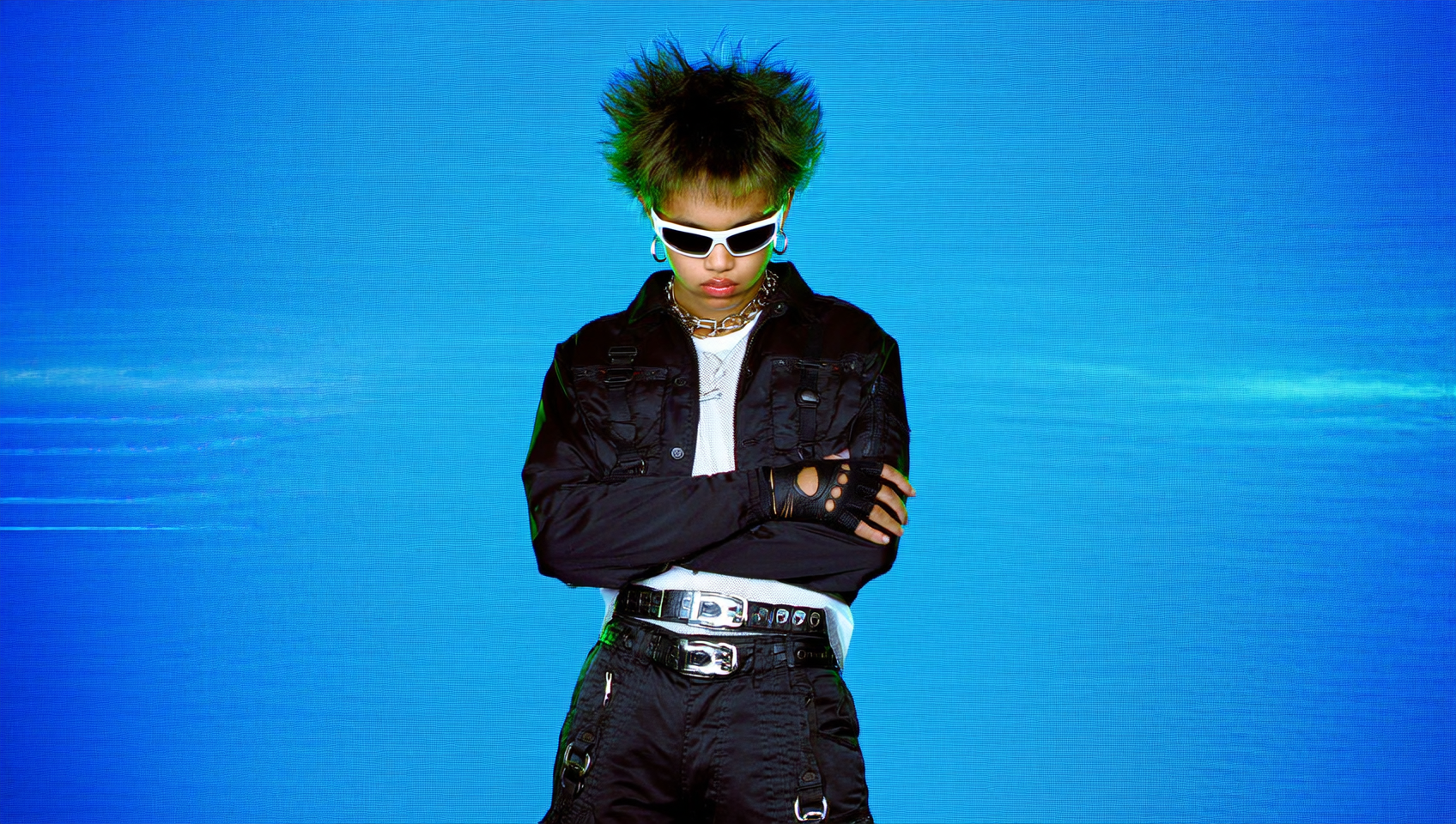 early-2000s Y2K cyber punk fashion editorial, neon