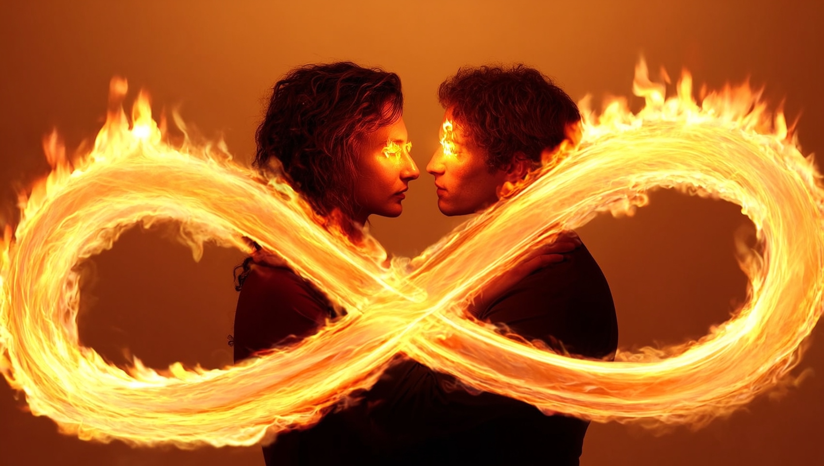 Two lovers gazing longingly at each other, flames 